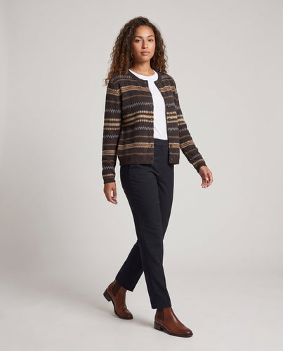 Damen Button-Through Feinstrick-Cardigan mit skandinavischem Ajourstreifen und softem Baumwoll-Mix Nord Taschen