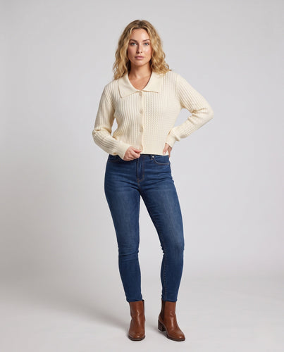 Damen Cropped Zopfstrick-Cardigan mit Hemdkragen und Ballonärmeln Nord Taschen