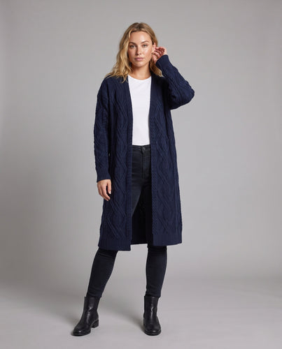 Damen Extra-langer offener Zopfmuster-Strickmantel im Kaschmir‑Look Nord Taschen