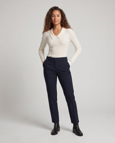 Damen Feiner gerippter Langarmpullover mit flachem Hemdkragen Nord Taschen