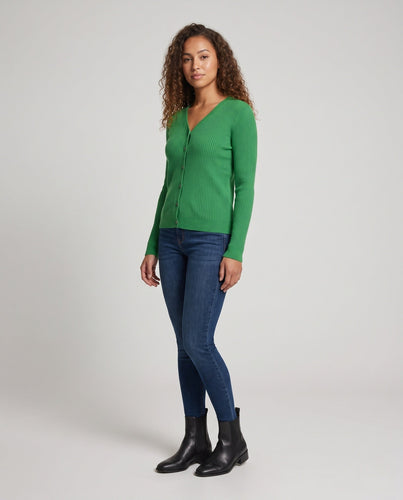 Damen Feiner gerippter V‑Neck-Cardigan aus Kaschmir‑Optik mit stretchiger Rippstruktur und Perlmuttknöpfen Nord Taschen