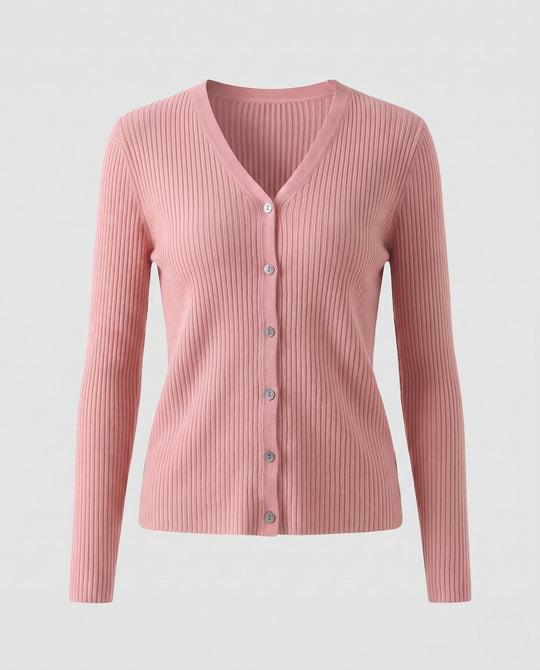 Damen Feiner gerippter V‑Neck-Cardigan aus Kaschmir‑Optik mit stretchiger Rippstruktur und Perlmuttknöpfen Nord Taschen