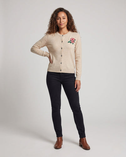 Damen Feiner Knopfcardigan mit zarter Rosenstickerei und Rundhalsausschnitt Nord Taschen