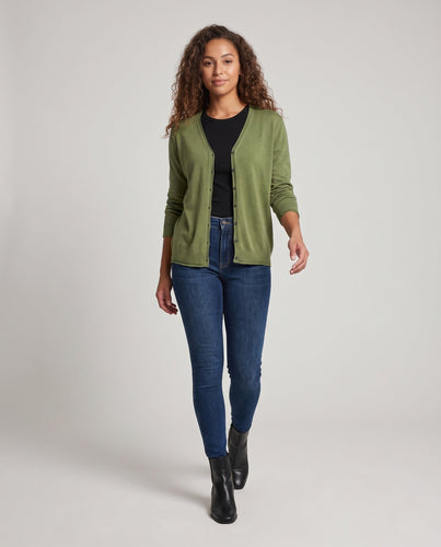 Damen Feiner leichter Knopfcardigan mit V‑Ausschnitt und transparentem Feinstrick Nord Taschen
