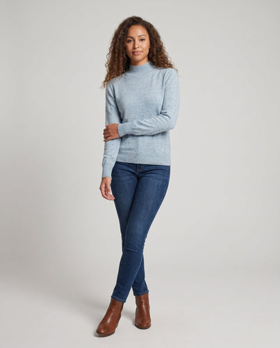 Damen Feiner Mélange-Mockneck-Pullover mit Ballonärmeln und feiner Struktur Nord Taschen