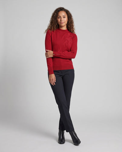 Damen Feiner Mockneck-Pullover mit floraler Ajour‑Stickerei und Perlenknopf‑Manschette Nord Taschen