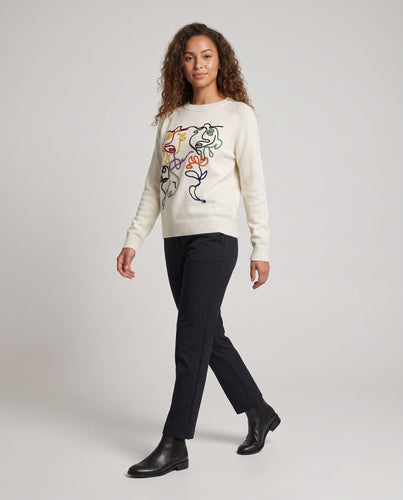 Damen Feiner Rundhalspullover mit abstrakter Stickerei und kaschmirähnlicher Weichheit Nord Taschen