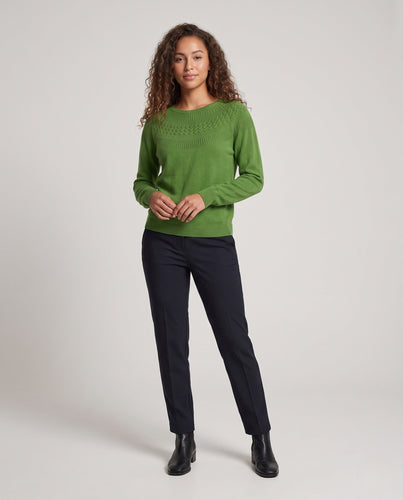 Damen Feiner Rundhalspullover mit Ajour‑Yoke und weichem Wollmix Nord Taschen