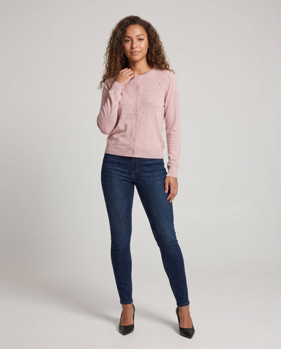Damen Feiner Strickcardigan mit Schmuckstein‑Besatz, Rundhalsausschnitt und Knopfleiste Nord Taschen
