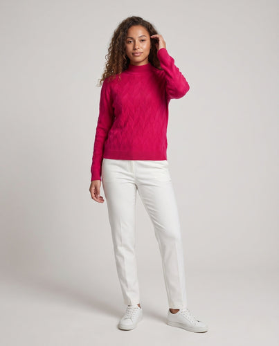 Damen Feiner Strickpullover mit geometrischer Ajourstruktur und schmalem Stehkragen Nord Taschen