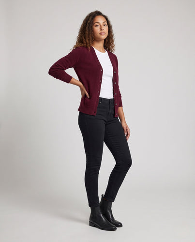 Damen Feiner V‑Ausschnitt-Cardigan aus Kaschmir‑Optik mit Rippbündchen Nord Taschen