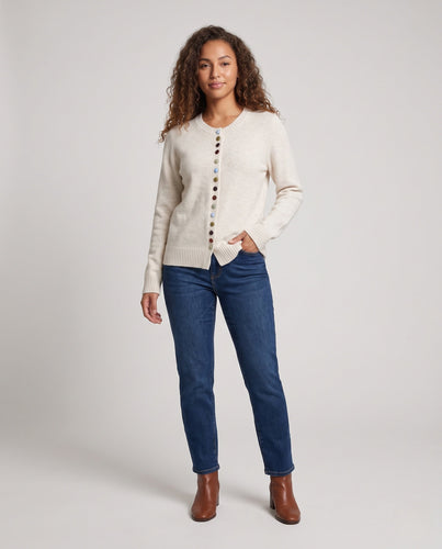 Damen Feiner V-Ausschnitt-Cardigan mit mehrfarbigen Zierknöpfen und geripptem Saum Nord Taschen