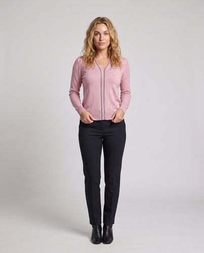 Damen Feiner V‑Ausschnitt-Feinstrickpullover mit dekorativem Strassstreifen und geripptem Saum Nord Taschen