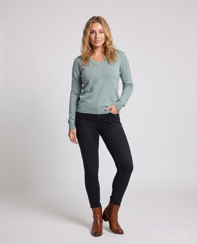 Damen Feiner V-Ausschnittpullover aus Baumwoll-Kaschmir-Mischung mit schmaler Schulternaht Nord Taschen