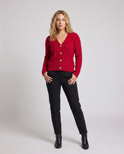 Damen Feiner Wollmix-Cardigan mit Zopfmuster, V‑Ausschnitt und Perlmuttknöpfen Nord Taschen