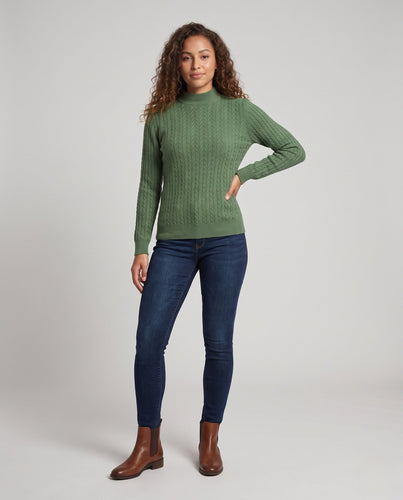 Damen Feiner Zopfmuster‑Strickpullover mit kurzem Rollkragen aus Merino‑Mix Nord Taschen