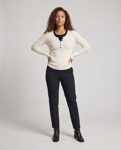 Damen Feines Layering-Longsleeve mit Knopfblende und Lagenlook Nord Taschen