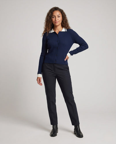 Damen Feinstrick-Cardigan mit Polokragen und kontrastierenden Bündchen Nord Taschen