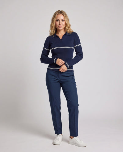 Damen Feinstrick-Polo mit Kontraststreifen und schmaler Rippstruktur Nord Taschen