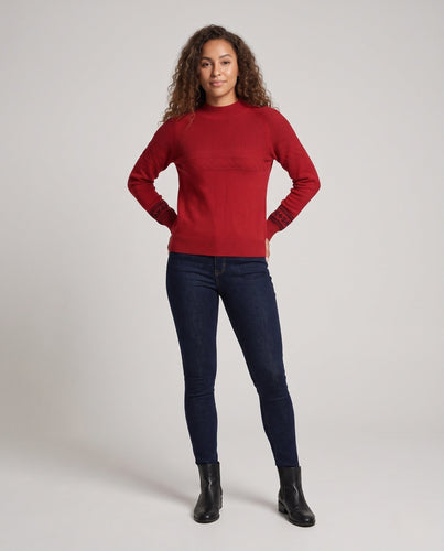 Damen Feinstrick-Pullover mit kurzem Stehkragen, strukturierter Passe und Norweger-Motiv am Ärmelsaum Nord Taschen