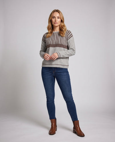 Damen Feinstrickpullover mit Zopfstruktur und kontrastierender Passe Nord Taschen