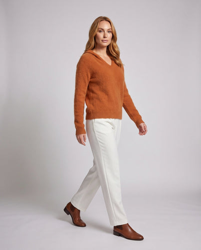 Damen Flauschiger Kapuzenpullover aus Mohair‑Optik mit V‑Ausschnitt und gerippten Bündchen Nord Taschen