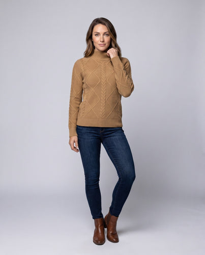 Damen Flauschiger Strukturstrick‑Mockneckpullover mit Zopf‑ und Rautenmuster Nord Taschen