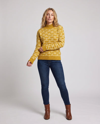 Damen Gemusterter Feinstrick-Mockneckpullover mit geometrischem Jacquard und kaschmirähnlicher Haptik Nord Taschen