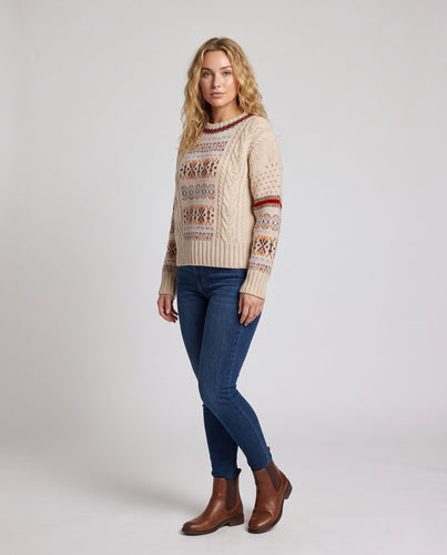 Damen Gemusterter Oversize-Pullover mit Norweger-Motiv, Zopfmuster und weichem Mohair-Look Nord Taschen