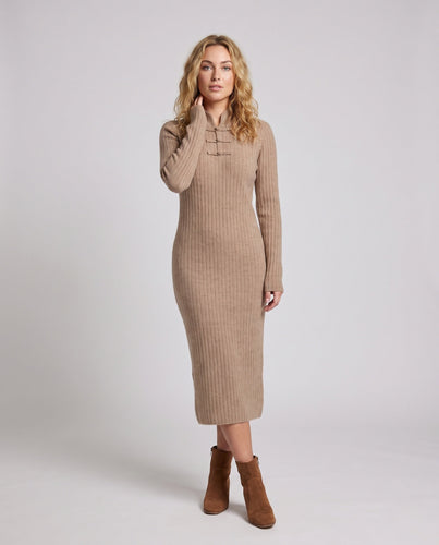 Damen Geripptes Midikleid aus Kaschmir‑Look mit Stehkragen und dekorativer KnNord Taschenelknopfleiste Nord Taschen