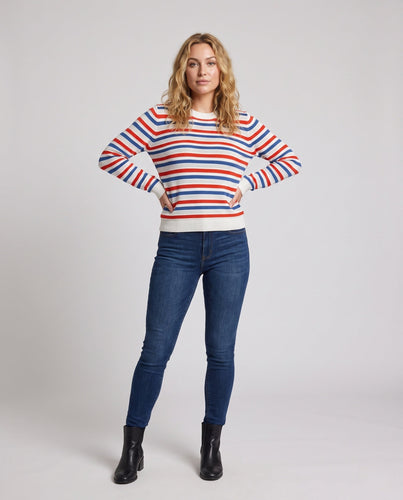 Damen Gestreifter Baumwollmix-Feinstrickpullover mit Ajourstruktur und Rundhals Nord Taschen