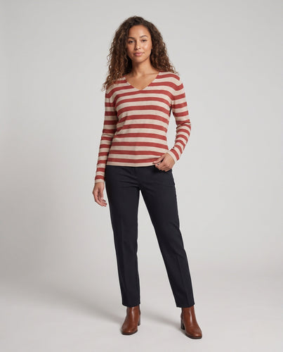 Damen Gestreifter Feinstrickpullover mit V‑Ausschnitt und lässiger Oversize‑Passform Nord Taschen