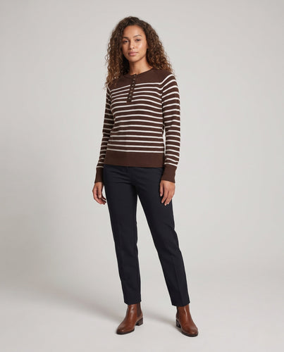 Damen Gestreifter Feinstrickpullover mit Zierknopfleiste und Raglanärmeln Nord Taschen