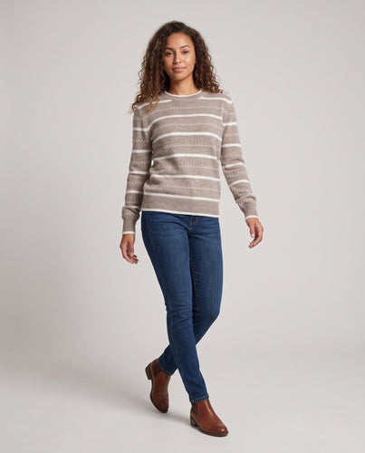Damen Gestreifter Feinstrickpullover mit Ziernaht und Rundhalsausschnitt Nord Taschen