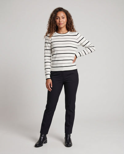 Damen Gestreifter Feinstrickpullover mit Zierstich und Rundhalsausschnitt Nord Taschen