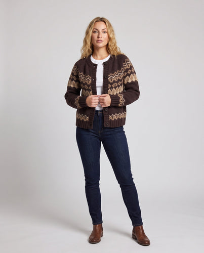 Damen Gestreifter Grobstrick‑Cardigan mit Norwegermuster und Knopfleiste Nord Taschen