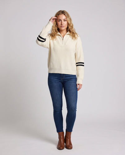 Damen Großer Rippenstrick-Pullover mit halbem Reißverschluss und hohem Kontrastkragen Nord Taschen