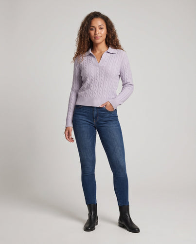 Damen Kabelstrick-Polo-Pullover mit V-Ausschnitt und weicher Feinstrick-Qualität Nord Taschen