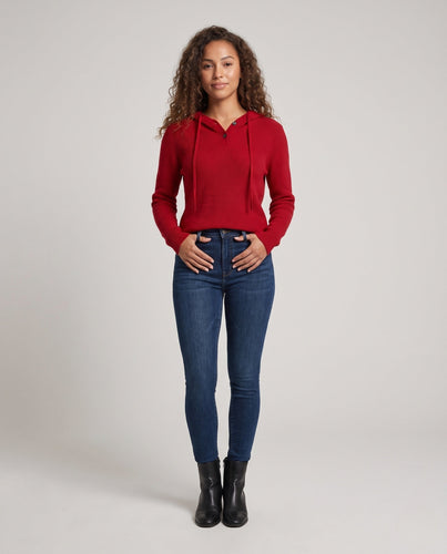 Damen Kapuzen-Feinstrickpullover mit Henley-Knopfleiste, gerippter Schulterpartie und kaschmirähnlicher Weichheit Nord Taschen