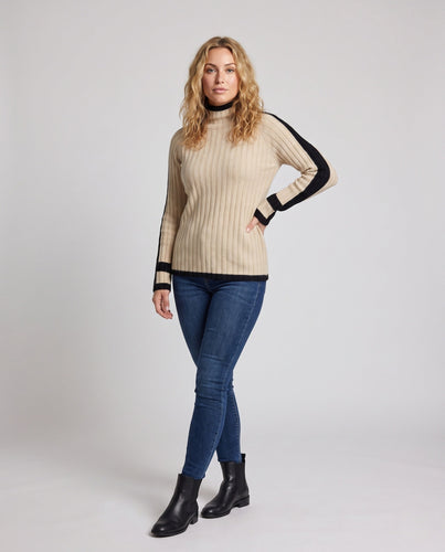 Damen Kaschmir‑Look Rippenpullover mit Stehkragen, verlängerten Ärmelabschlüssen und Kontraststreifen Nord Taschen