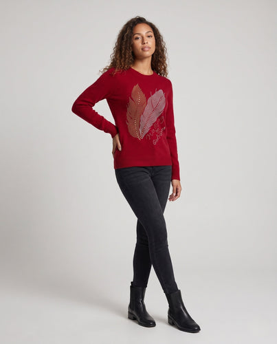 Damen Kaschmir‑Optik Feinstrickpullover mit Strass‑Federmotiv und Rundhalsausschnitt Nord Taschen