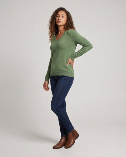 Damen Weicher V‑Ausschnitt‑Pullover in Angora‑Optik mit Mohair‑Mix und gerippten Bündchen Nord Taschen