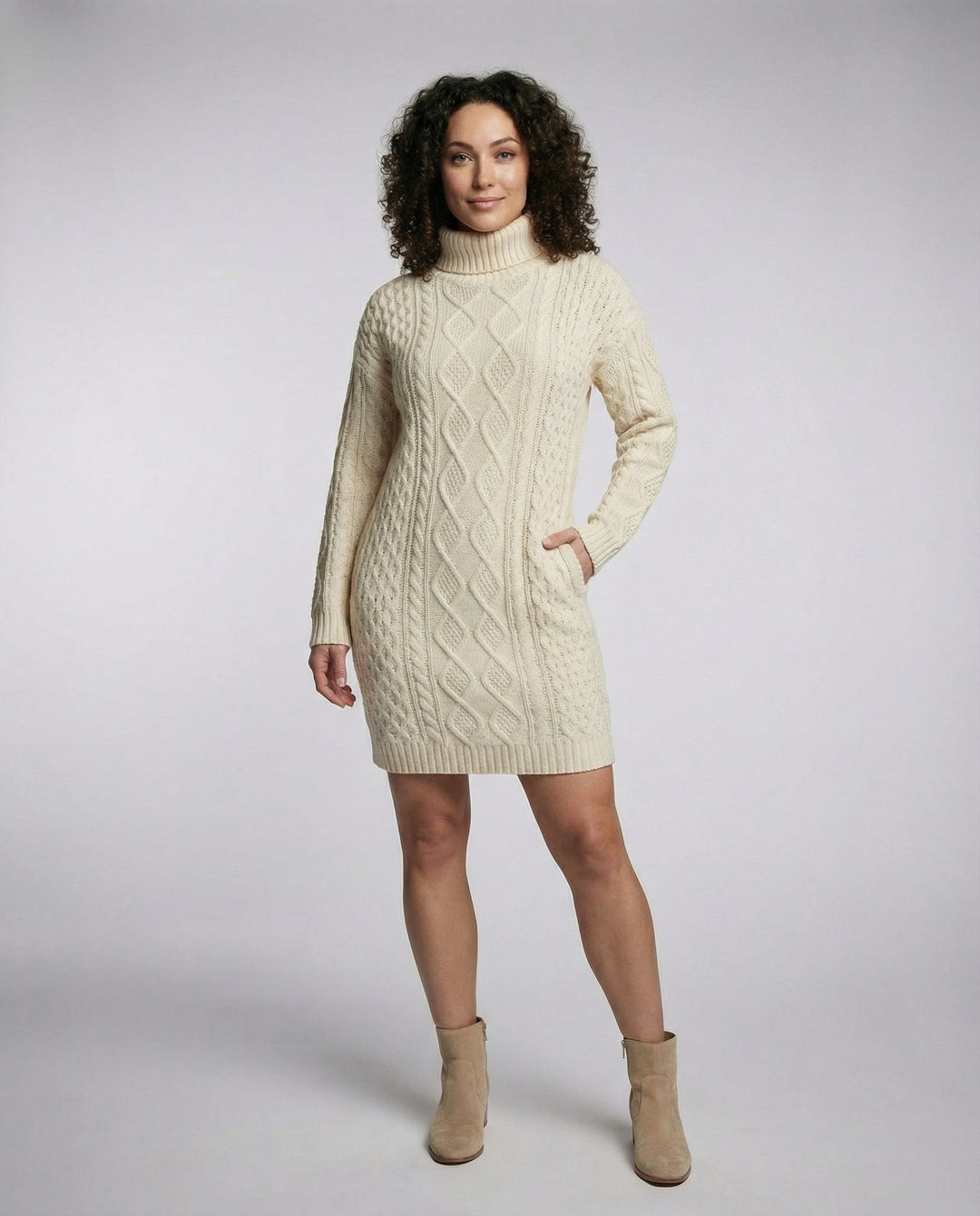 Beiges Weiches Strick Midikleid