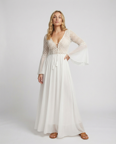 Leichtes Weißes Boho-Kleid mit Fließendem Schnitt für Sommer & Festivals