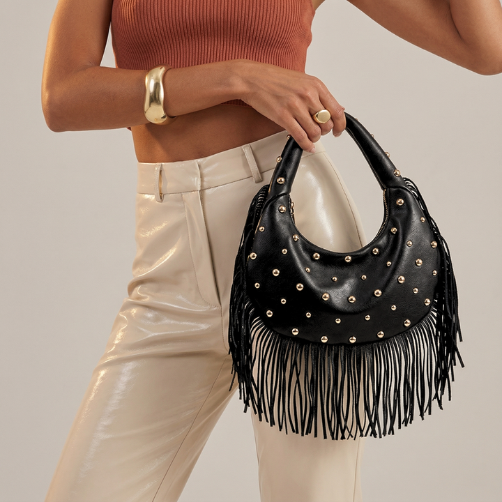 Nord Taschen | Nieten Fransen Hobo Tasche, Vegane Rindsleder Schultertasche