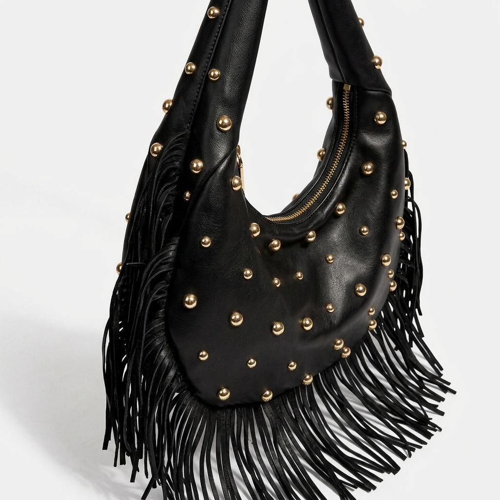 Nord Taschen | Nieten Fransen Hobo Tasche, Vegane Rindsleder Schultertasche