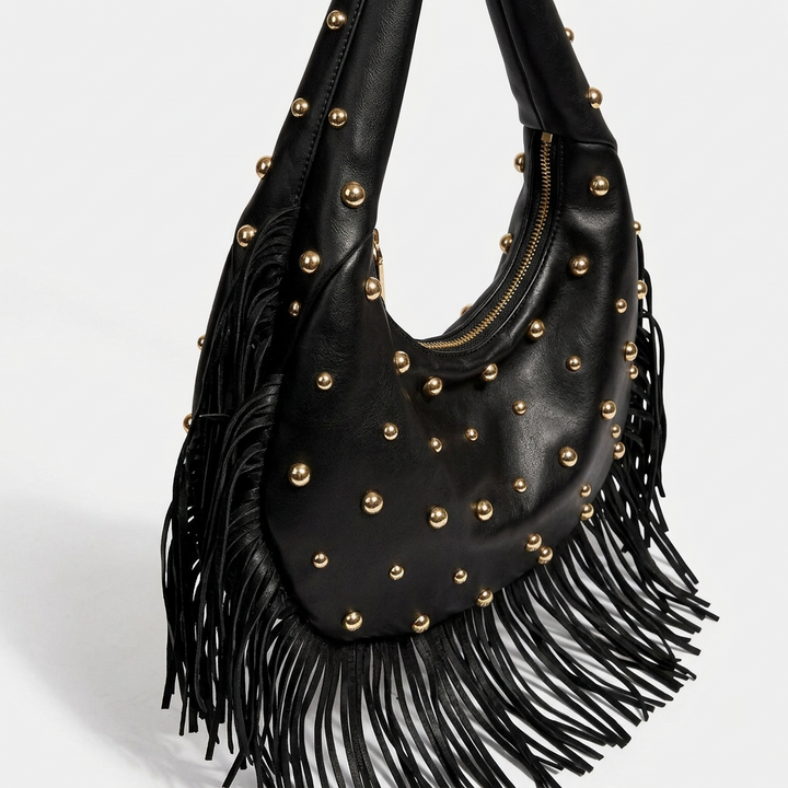 Nord Taschen | Nieten Fransen Hobo Tasche, Vegane Rindsleder Schultertasche