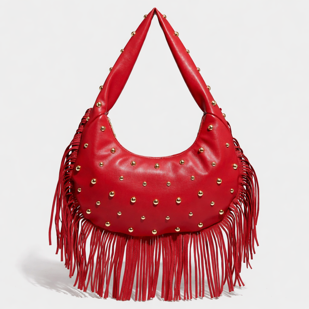 Nord Taschen | Nieten Fransen Hobo Tasche, Vegane Rindsleder Schultertasche