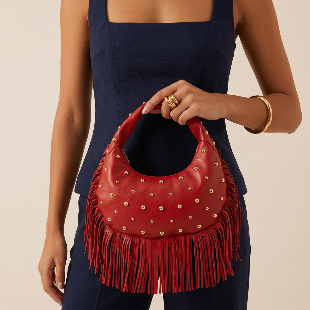 Nord Taschen | Nieten Fransen Hobo Tasche, Vegane Rindsleder Schultertasche