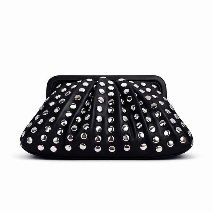 Nord Taschen | Nieten Vegan Leder Rüsch Clutch Tasche mit Rahmenverschluss